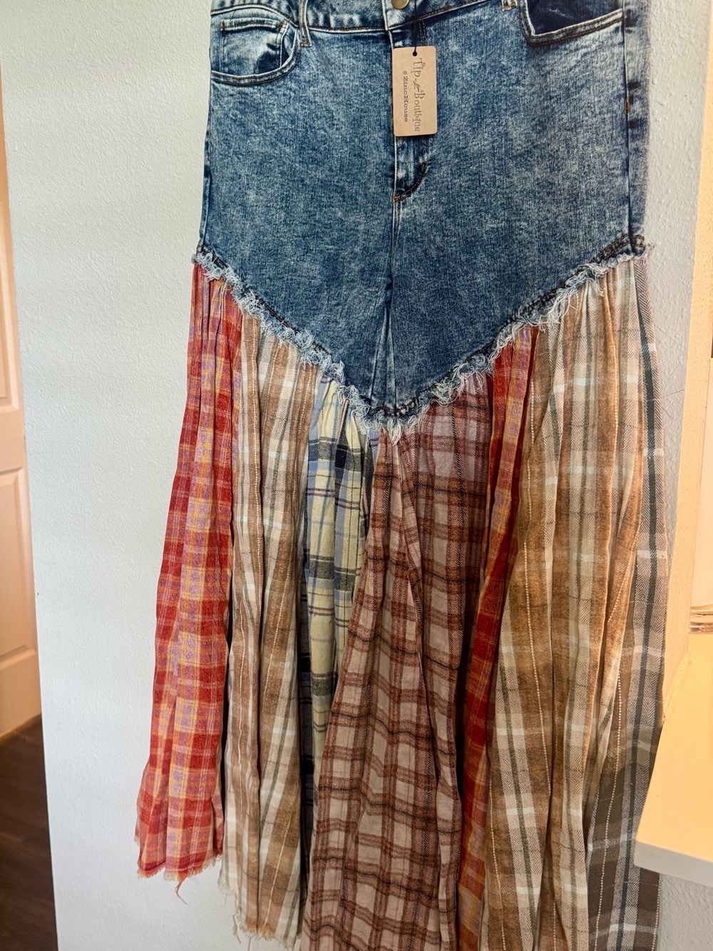 Boho Denim Patchwork pants with Plaid Ruffle - Picture 2 of 7
